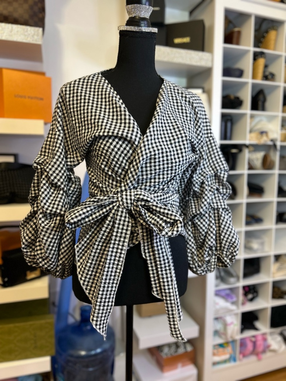 FAVLUX Black and White Gingham Tie-Waist Blouse with Voluminous Ruched Sleeves